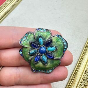 Vintage Jewelry Lily Pad Brooch Flower Pin Enamel Lily Pad with Rhinestones